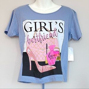Open Back Material GIRL’S BEST FRIEND Embellished Short Sleeve Blue Cotton Top
